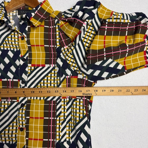 Gracia Womens Mixed Plaid Patchwork Puff Sleeve Button Down Blouse Size M - Picture 7 of 10